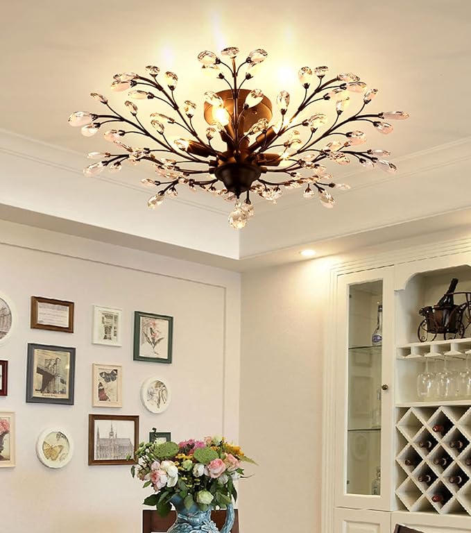 Ganeed Crystal Ceiling Light,Vintage Chandelier, Modern Elegant K9 Crystal Glass Chandelier Flush Mount Ceiling Lighting Fixture for Living Room Bedroom Restaurant Porch- Matte Black - 5 Lights
