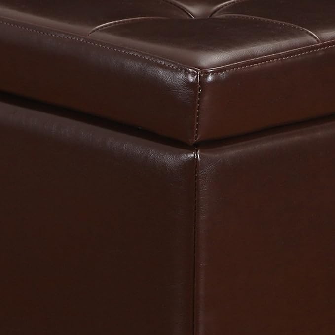 Adeco Bonded Leather Square Tufted Footstool, 18", Brown Storage Ottomans,
