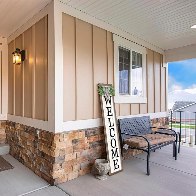 Surfapans Welcome Sign for Front porch Standing 45"X9"Large Wood Frame Outdoor Tall Welcome Signs Vertical Decor for Farmhouse Rustic Home Modern Outside Front Door Wall Decorations (Wood White)