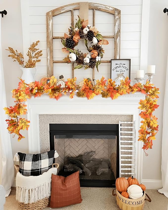 Lvydec 2 Pack Fall Maple Leaf Garland - 5.9ft/Piece Artificial Fall Foliage Garland Thanksgiving Decor for Home Wedding Party Christmas (Yellow)