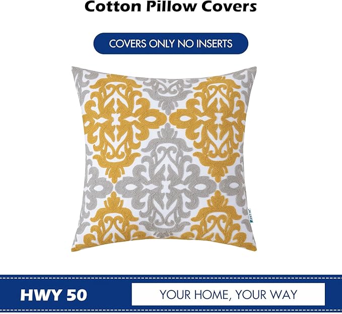 HWY 50 Mustard Yellow Decorative Throw Pillow Covers 18x18 Inch (1 Piece), Embroidered Cotton Farmhouse Cushion Cover Pillow Case for Sofa Couch Living Room Bed Bedroon, Floral Geometric