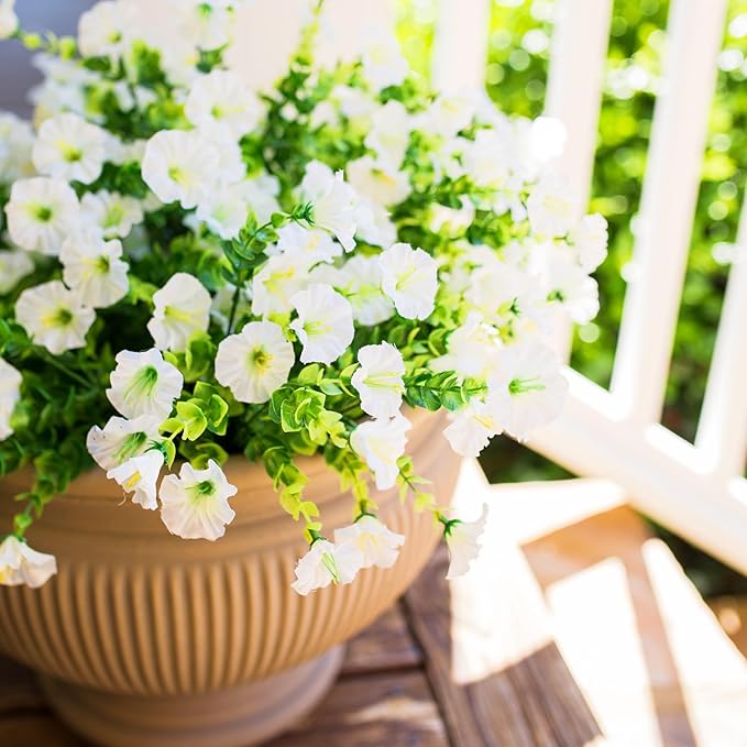 Artificial Flowers for Outdoors Fake Plants Outside Decoration, 12 Bundles Silk White Morning Glory UV Resistant Look Real Faux Flowers for Planter Front Door Porch Patio Yard Gardens Balcony