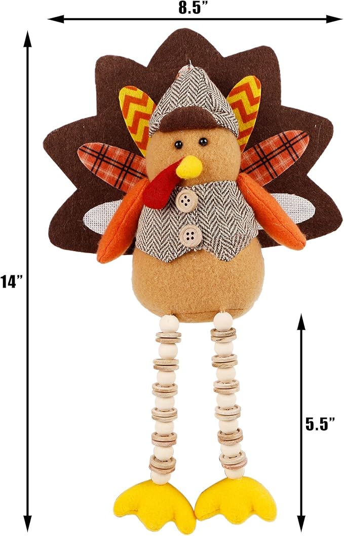 winemana Thanksgiving Decorations Set of 2 Turkeys with Dangling Legs, Mr and Mrs Turkey Couple Plush Tabletop Centerpieces for Fall Harvest Home Kitchen Shelf