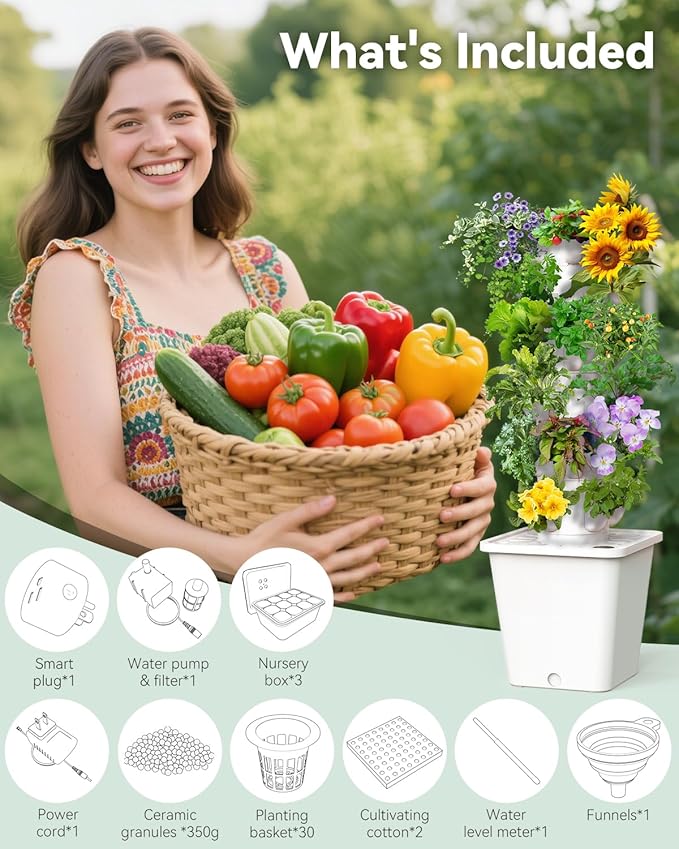 Vertical Hydroponics Growing System Kit, Indoor Outdoor Gardening System Kits, Herb & Fruits Growing Tower, 6 Layer 30 Pods