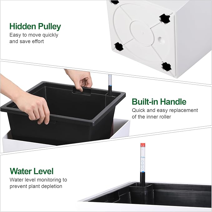 30" Tall Planters Set of 2, Outdoor＆Indoor Black Planter Pots, High Front Porch Planter Pots with Drainage Holes＆Water Level Monitor Movable Wheels ＆Inner Bucket, Automatic Watering, White