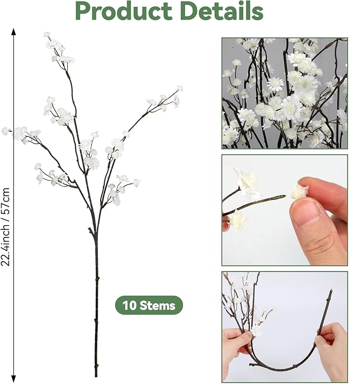 Geegoods 10 Stems White Faux Flowers for Vase – Real Touch Artificial Baby Breath Branches Long Stem for Tall Vase Indoor Home Table Centerpieces Decoration