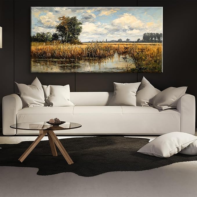 LASMOND Beautiful Wilderness Meadow Canvas Wall Art Oil Painting Reproduction Print Vintage Wildflower Field Scenery Countryside Landscape Tree Rustic Retro Decor Artwork Country Farmhouse Living Room 24x48 Inches