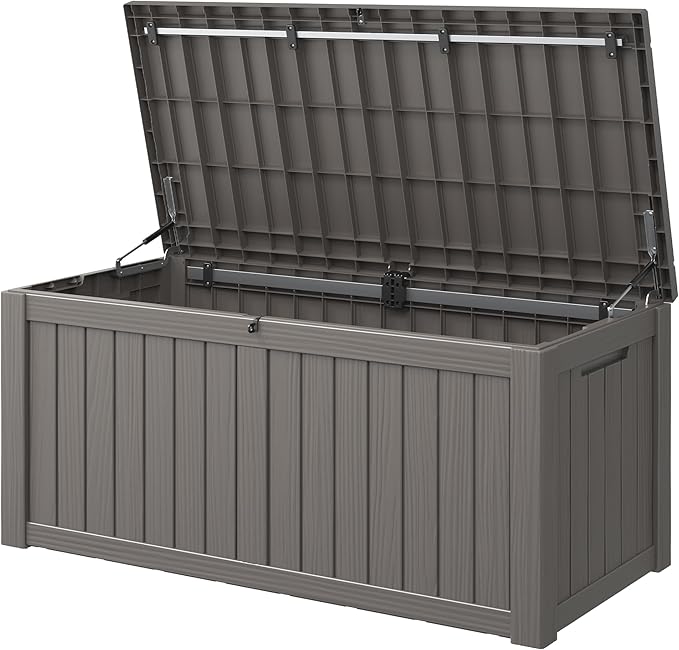 KAMABOKO Outdoor Storage Box, 120 Gallon Large Outdoor Resin Deck Box, Storage Waterproof Boxes Lockable Lid for Garden Tools, Pool Supplies, Patio Furniture and Cushions, Grey
