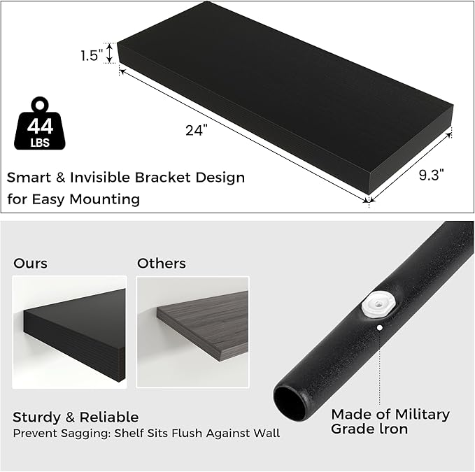 Floating Shelves - 2 Large Wall Mounted Shelves with Invisible Brackets, Long Wood Floating Wall Shelf for Living Room, Bedroom, Kitchen (Black, 24" W x 9" D x 1.5" H)