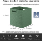 OIAHOMY Storage Cubes 11 Inch Storage Bins-3 Pack, Cotton Rope Woven Baskets for Organizing, Square Baskets for Shelves Organizer, Classroom, Toy Basket, Green