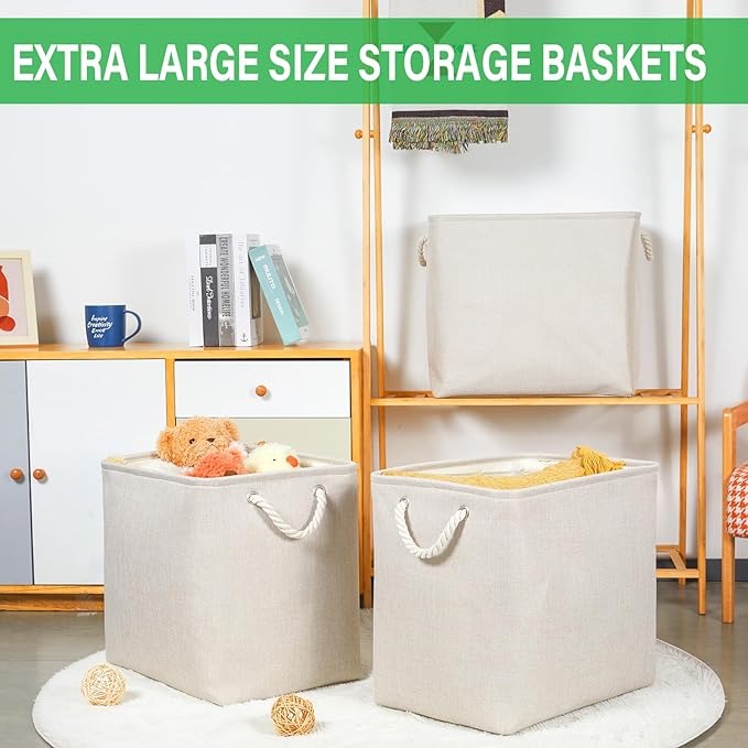 Bidtakay Extra Large Storage Baskets for Organizing Clothes Storage Bins 3 Pack Fabric Storage Bins for Shelves Linen Collapsible Organizer for Closet-Light Biege