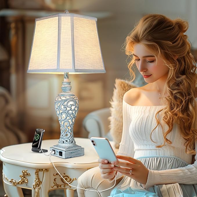 Table Lamp Bedside Lamps Set of 2, 28.5'' Luxsight Farmhouse Table Lamps for Bedroom, Lamps for Nightstands with Night Lights, with USB C+A Ports, Rustic Lamp for Living Room, Bulb Included