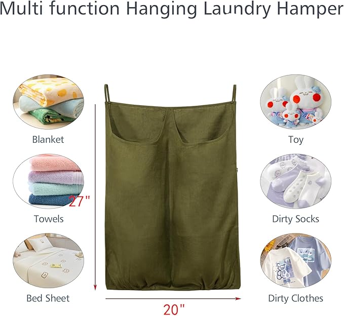 100% Pure Linen Dual Hanging Laundry Bag with 2 Deep Pocket and 2 Side Zipper 20x27in, Over The Door Laundry Hamper Space Saving Hampers for Dirty Clothes Home Travel, Green