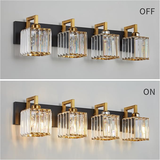 Modern Bathroom Vanity Light 4-Lights Black Gold Crystal Wall Lamp Bathroom Modern Crystal Vanity Lighting