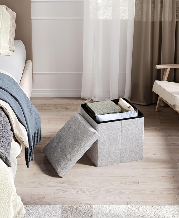 15 Inches Small Folding Storage Ottoman Cube, Storage Footrest, Foot Rest Stool, for Living Room, Bedroom, Dorm, Hallway, Entryway, Light Gray