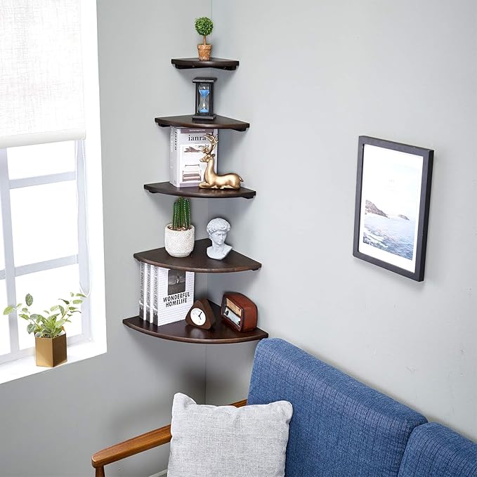 Corner Shelf,16inch Walnut Solid Wood Floating Corner Shelves Wall Mount Round End Floating Speaker Rack with Wire Hole for Small Plant for Bedroom Kitchen, Living Room