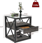 Farmhouse End Table, Modern Side Table with Drawer&3-Tier Storage Shelf, Square Rustic Nightstand, Accent Tea Table, for Bedroom Office Living Room, Grey, Natural Wood, Glass, Metal