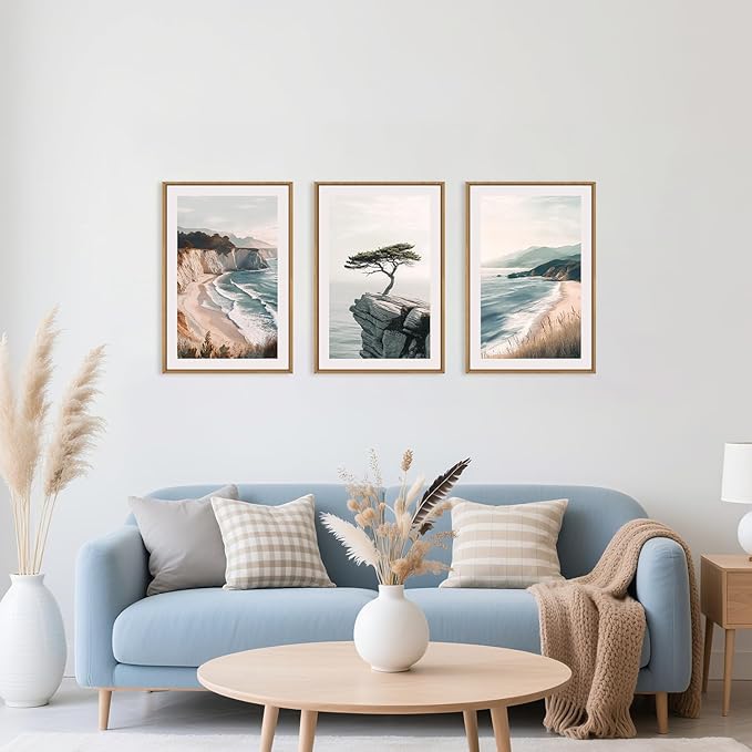 Celestdeco Amalfi Coastal Seascape Framed Canvas Wall Art Set, Summer Ocean Wall Decor, Southwestern Beach Wall Painting, Ocean Seascape Art Prints for Living Room, Bedroom, Dining Room - 24"x36"x3