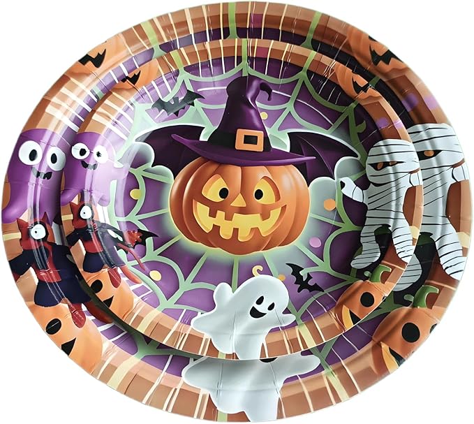 Halloween Paper Plates,Cups,Forks(96Pcs)-Disposable Party Plates Heavy Duty,Party Supplies Tableware Set|Paper Plates 9 inch & 7 inch,Spooky Decor(Flying Pumpkin,Ghost,Zombie,Bat) for Kids Halloween