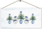 DUXMNAMG Chinoiserie Snowman Winter Hanging Wooden Signs 12x6, Blue and White Porcelain Snowman Sign, Winter ChristmasTree Blue Bow Snowman Chinoiserie Signs for Home Room Office Hanging Wall Decor