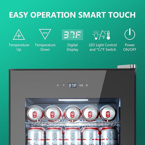 101 Cans Compressor Beverage Refrigerator, 17 Inch Drink Fridge with Glass Door, Adjustable Removable Shelves, Quiet Operation, Temp Memory, Beer Cooler for Soda, Beer, Water, Home Bar, Office