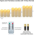 Aignis 9pcs Flameless LED Candles Battery Operated with 10-Key Remote & Timer, Indoor Heat Resistant, 3D Wick with Warm Flickering Glow for Cozy Home/Wedding/Holiday Décor (D 2.2" x H 5"/6"/7")