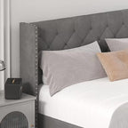 Full Size Bed Frame with LED Lights, Upholstered Bed Frame with Wingback Diamond Tufted Headboard, Wood Slats Support, Noise-Free, Easy Assembly, No Box Spring Needed, Grey