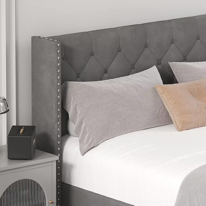 Full Size Bed Frame with LED Lights, Upholstered Bed Frame with Wingback Diamond Tufted Headboard, Wood Slats Support, Noise-Free, Easy Assembly, No Box Spring Needed, Grey