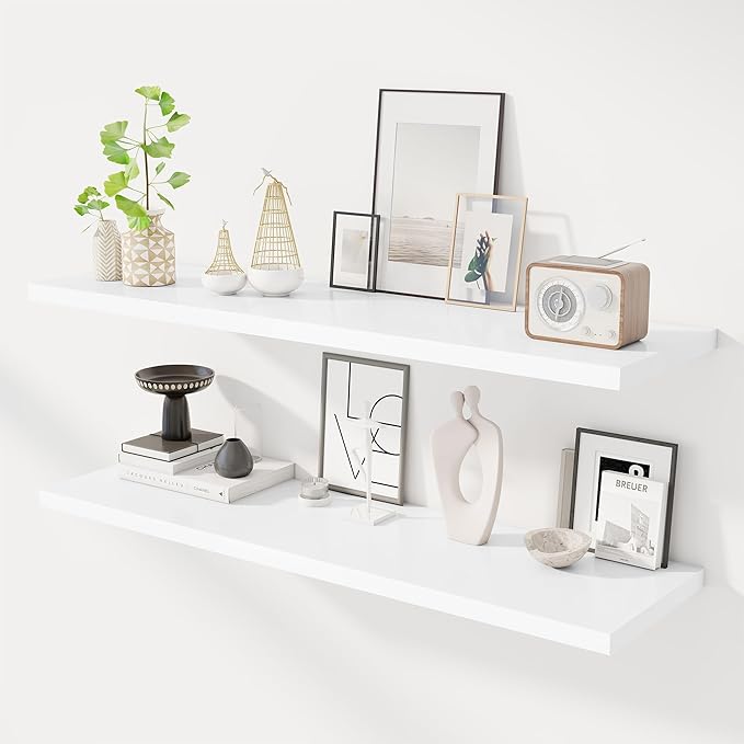 48" Floating Shelves for Wall, 12" Deep Slim White Floating Shelves, Wall-Mounted Shelves for Bedroom, Living Room, Kitchen, Bathroom - Set of 2