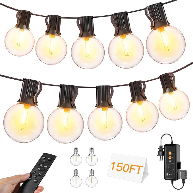 Outdoor String Lights 150FT with Remote Dimmer, G40 Globe LED Patio Lights with 75 Edison Plastic Bulbs(4 Spare), Waterproof Connectable Hanging Lights for Backyard Porch Balcony Yard Deck Party Decor