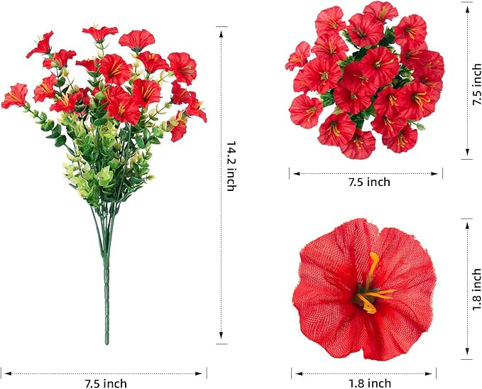 Artificial Flowers for Outdoors Fake Plants Outside Decoration, 12 Bundles Silk Red Morning Glory UV Resistant Look Real Faux Flowers for Planter Front Door Porch Patio Yard Gardens Balcony
