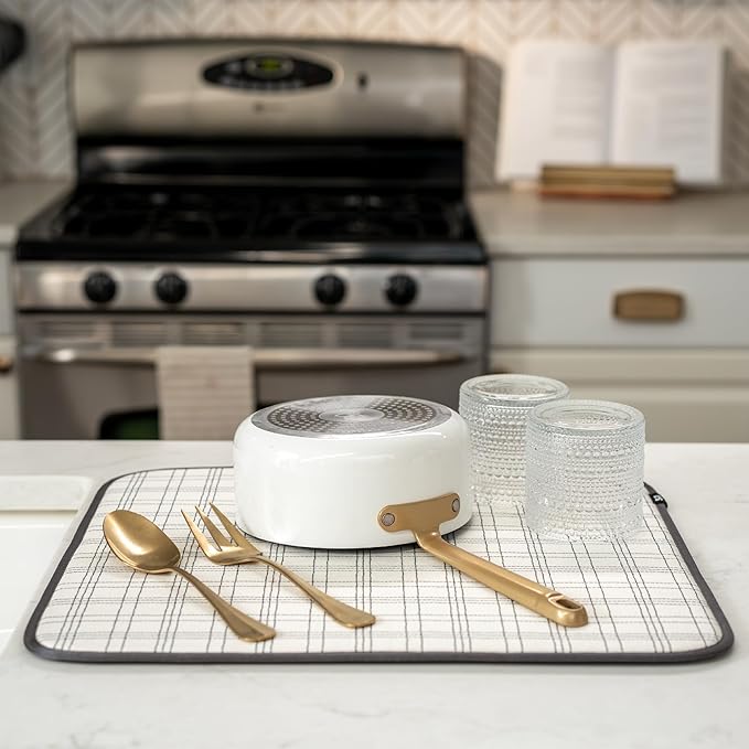 S&T INC. Dish Drying Mat, 16” x 18”, Absorbent Microfiber Kitchen Counter Mat, Dish Drying Pad for Dishes, Utensils, Pots and Pans, Large, Stitched Plaid