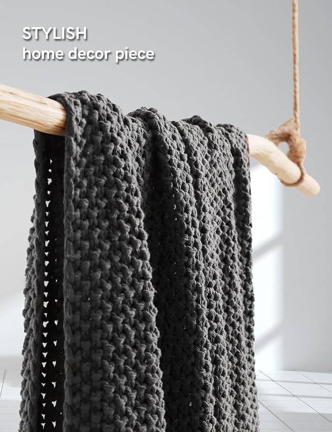 YnM Chunky Cotton Knit Throw Blanket, Cable Knit Throws for Bed Couch Sofa, Comfy & Relaxing, Decorative Piece for Farmhouse Modern Boho Rustic Scandinavian Chic Vibe, Moon Grey 80x87 Inches