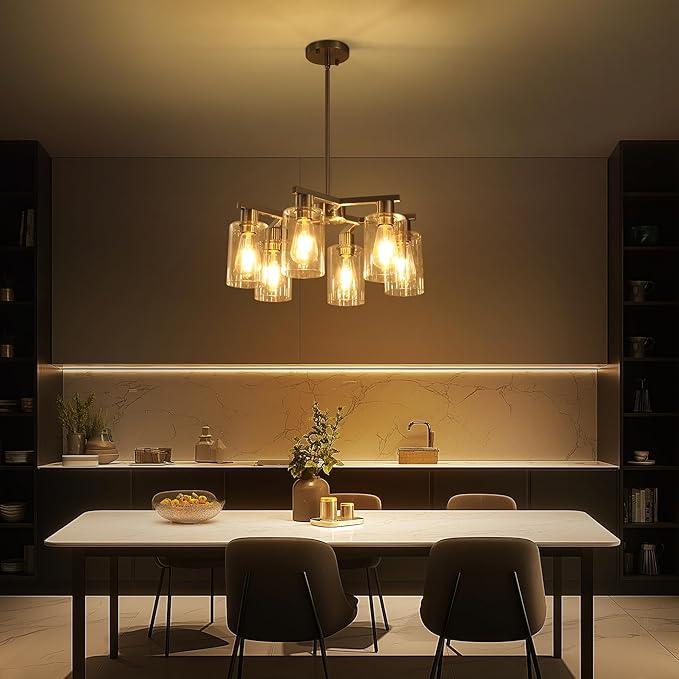 6-Light Farmhouse Brushed Nickel Chandelier,Modern Chandeliers for Dining Room Light Fixture Over Table,Adjustable Hanging Industrial Rustic Pendant Lights Kitchen Island Light with Clear Glass Shade