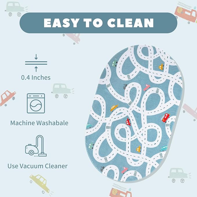 STARUIA Large Kids Playroom Rug, 4'x6' Washable Road Rug for Nursery, Non-Slip Fun Area Rugs for Kids Room, Blue Car Rugs Play Mat Soft Baby Carpet for Boys Girls Dorm Toy Room Tent