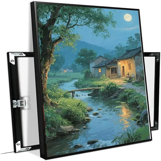 Moonlight under the big tree creek cabin scenery is suitable for posting in the living room bedroom office scenery poster wall painting