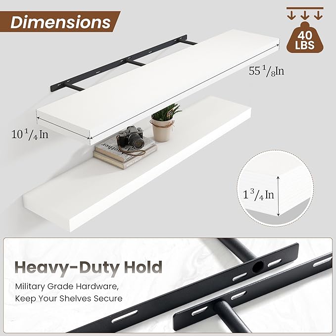 Heimlove 55 Inch Floating Shelves for Wall,10 Deep Large White Wall Shelf with Heavy Duty Brackets,Wall Mounted Storage & Display Shelves for Bedroom,Living Room,Kitchen,Office