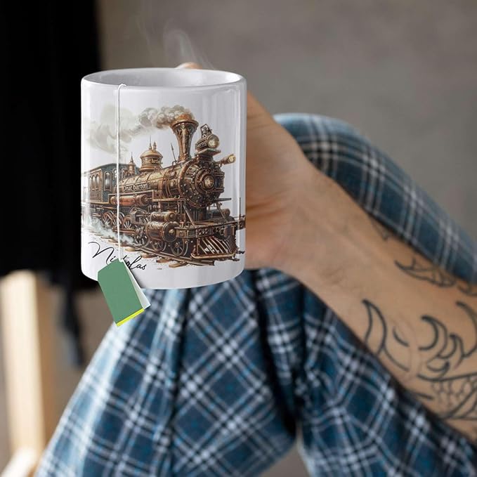 Customized Vintage Locomotive Design Ceramic Cup, Personalized Steampunk Train Coffee Mug 11oz 15oz, Unique Custom Name Mug Gift For Train Enthusiasts, Steam Engine White Mug