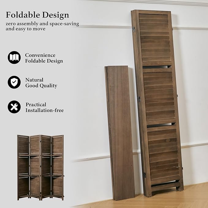 Room Divider with Shelves, 5.6 Ft Tall Folding Wood Screen with Double Hinges for Home Office Bedroom Hotel Decoration (4 Panels, Brown)