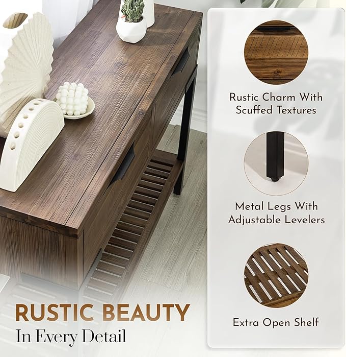 Bme Millie Farmhouse Solid Wood Console Table with 2 Drawers & Storage Shelves, 43" Boho Sofa Table for Entryway, Hallway, Living Room, Rustic Chestnut