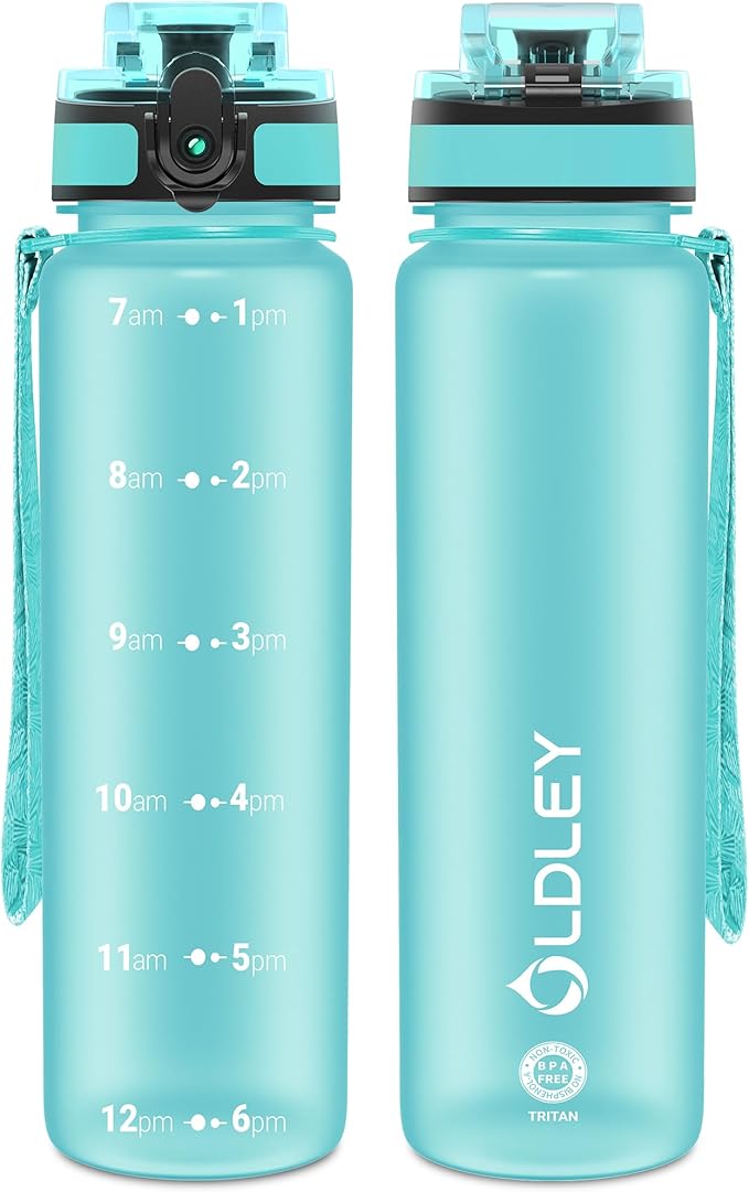 OLDLEY 32 oz Water Bottle, Motivational Water Bottle with Time Marker, Sports Water Bottle With Strap, Leakproof & BPA Free Large Water Bottles for School, Gym, Travel, Outdoor, Tritan,Green