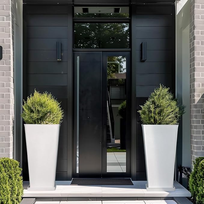 LA JOLIE MUSE 26 inch White Tall Planters for Outdoor Plants,Set of 2 Large Planters for Indoor Plants,V Shaped Tree Planters for Front Door, 26'' White With Tray