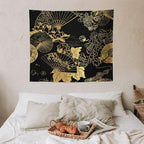 HZOHNAGO Japanese Tapestry Gold Flowers Umbrella Fan Pattern Printed Wall Tapestry Painting Wall Hanging for Bedroom Living Room Dorm 60" W x 50" H