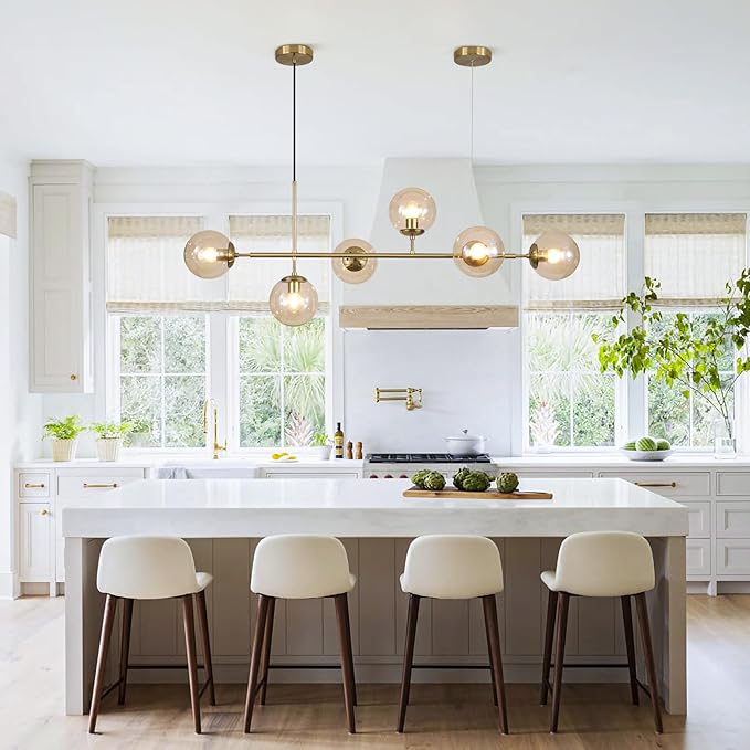 KCO Lighting Globe Linear Chandelier 6 Light Amber Glass Pendant Light Fixture Gold Kitchen Island Lighting Long Brass Sputnik Chandelier Dining Room Light Fixtures Over Table
