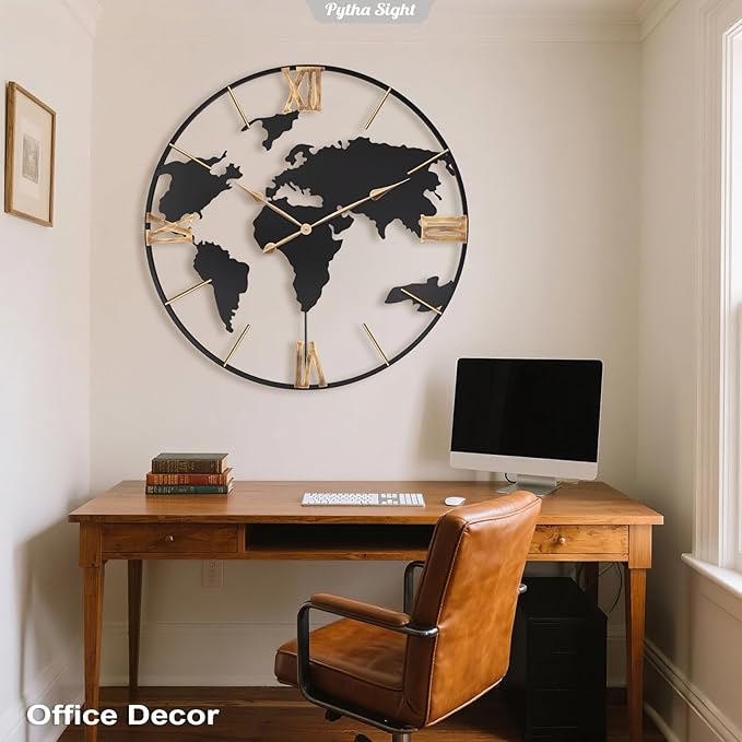 36 Inch Oversized Giant Extra Large Modern Decorative Metal World Map Wall Clock,Big Vintage Gold Roman Numeral Wall Clocks for Living Room,Entryway,Office,Fireplace,Dining Room