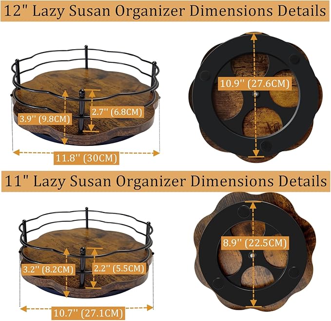 2 Pack, 11" & 12" Wooden Lazy Susan Turntable with Higher Metal Sides, 360° Rotating Lazy Susan Organization and Storage for Cabinet, Table Top, Kitchen, Countertop, Dining Table, Pantry, Coffee Bar