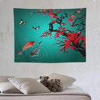 Japanese Koi Fish Tapestry, Cherry Blossoms Asian Oriental Green Teal Floral Branch Koi Fish Carp Tapestries Wall Hanging for Bedroom Living Room Office Decor 40"x30"
