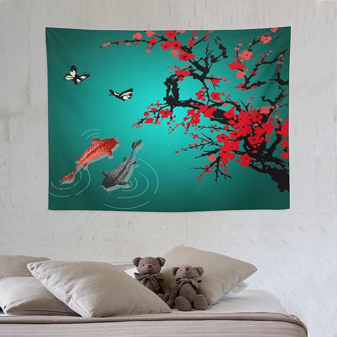 Japanese Koi Fish Tapestry, Cherry Blossoms Asian Oriental Green Teal Floral Branch Koi Fish Carp Tapestries Wall Hanging for Bedroom Living Room Office Decor 40"x30"