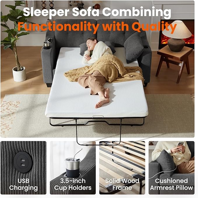 Pull Out Sofa Bed, Full Size Sleeper Sofa, 2-in-1 Convertible Corduroy Couch with USB Charging, Memory Form Couch for Living Room, Apartment and Small Space (Dark Grey, Corduroy - Full Size)