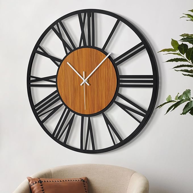 LEIKE 32" Oversized Large Wall Clocks,Silent,Non Ticking,Battery Operated Modern Round Big Wood Decorative Metal Wall Clock for Living Room, Bedroom,Kitchen,Farmhouse,Office Decor - Black,32 Inch